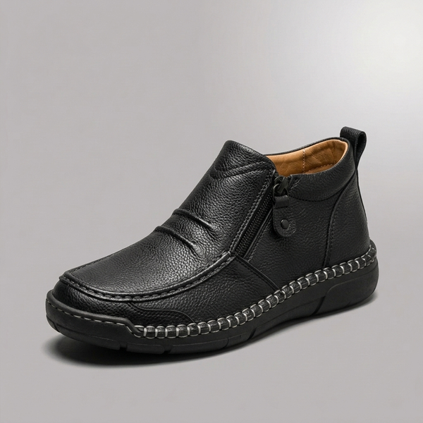 Shoes For Men | Side Zip Leather Look Slip-On Black three-quarter front view