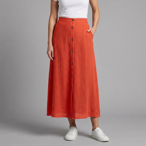 Women's Maxi Skirt | A-Line Elastic Waist Button Front Orange front view