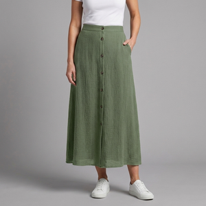 Women's Maxi Skirt | A-Line Elastic Waist Button Front Green front view