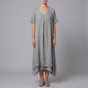 Women's Linen Dress | Midi V-Neck Short Sleeve Grey front view