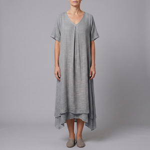 Women's Linen Dress | Midi V-Neck Short Sleeve Grey front view