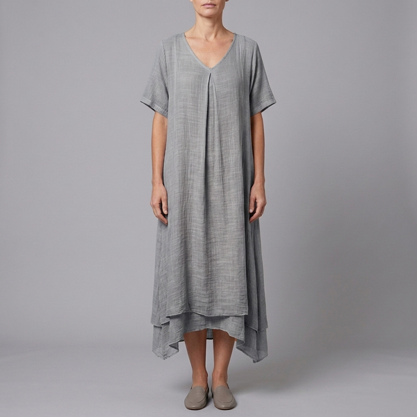 Women's Linen Dress | Midi V-Neck Short Sleeve Grey front view