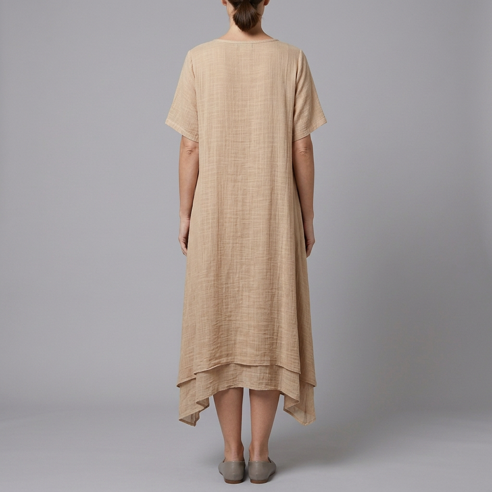 Women's Linen Dress | Midi V-Neck Short Sleeve Beige front view