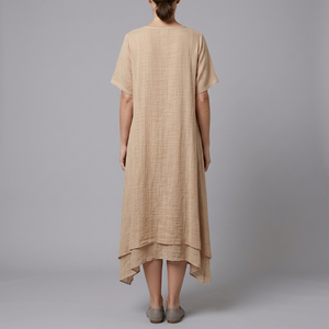 Women's Linen Dress | Midi V-Neck Short Sleeve Beige back view