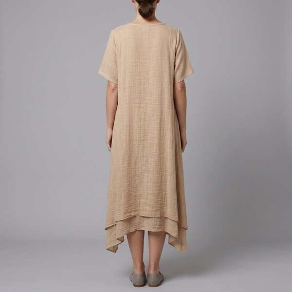 Women's Linen Dress | Midi V-Neck Short Sleeve Beige back view