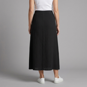 Women's Maxi Skirt | A-Line Elastic Waist Button Front Black back view