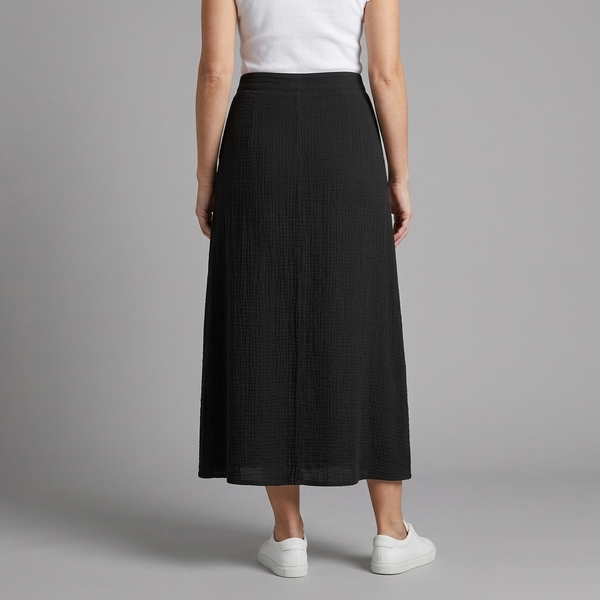 Women's Maxi Skirt | A-Line Elastic Waist Button Front Black back view