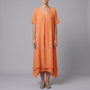 Women's Linen Dress | Midi V-Neck Short Sleeve Orange front view