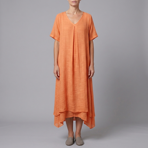 Women's Linen Dress | Midi V-Neck Short Sleeve Orange front view
