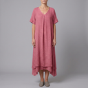Women's Linen Dress | Midi V-Neck Short Sleeve Pink front view