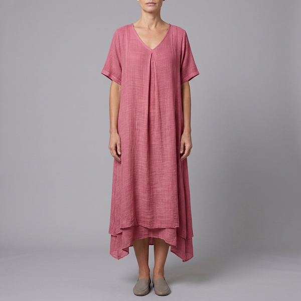 Women's Linen Dress | Midi V-Neck Short Sleeve Pink front view