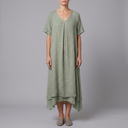 Women's Linen Dress | Midi V-Neck Short Sleeve Green front view
