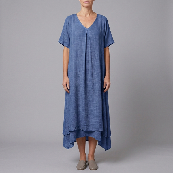 Women's Linen Dress | Midi V-Neck Short Sleeve Blue front view