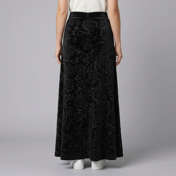 Women's Skirt | Maxi Black Velvet Rose Print A-Line Black back view