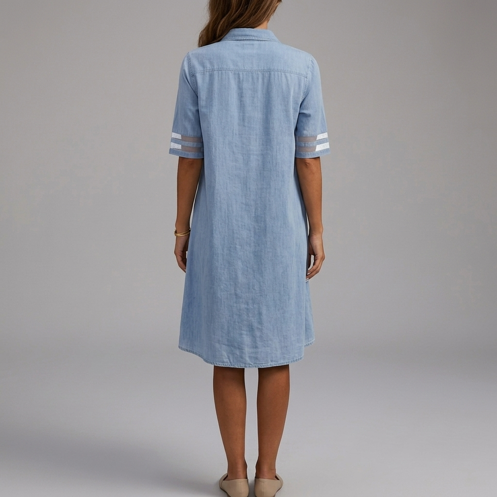 Women's Shirt Dress | Midi Denim Button Front Mesh Sleeve Blue front view