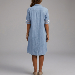 Women's Shirt Dress | Midi Denim Button Front Mesh Sleeve Blue back view