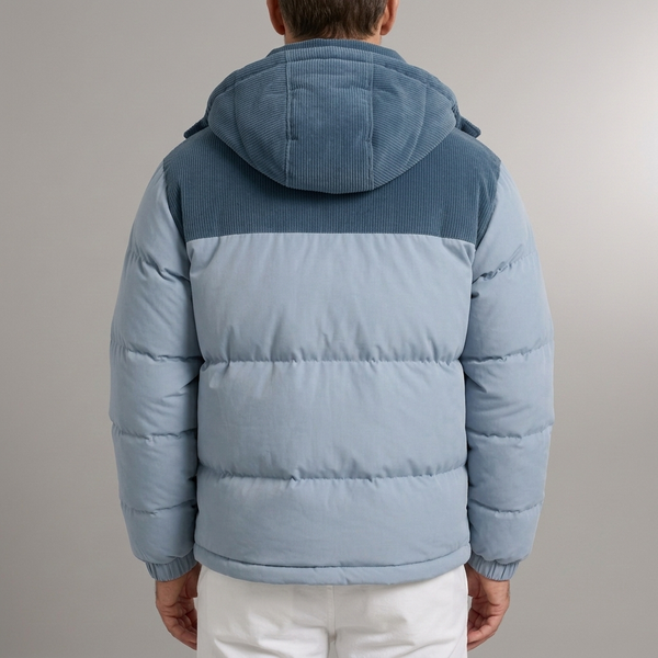 Men's Puffer Jacket | Hooded Corduroy Paneled Blue back view