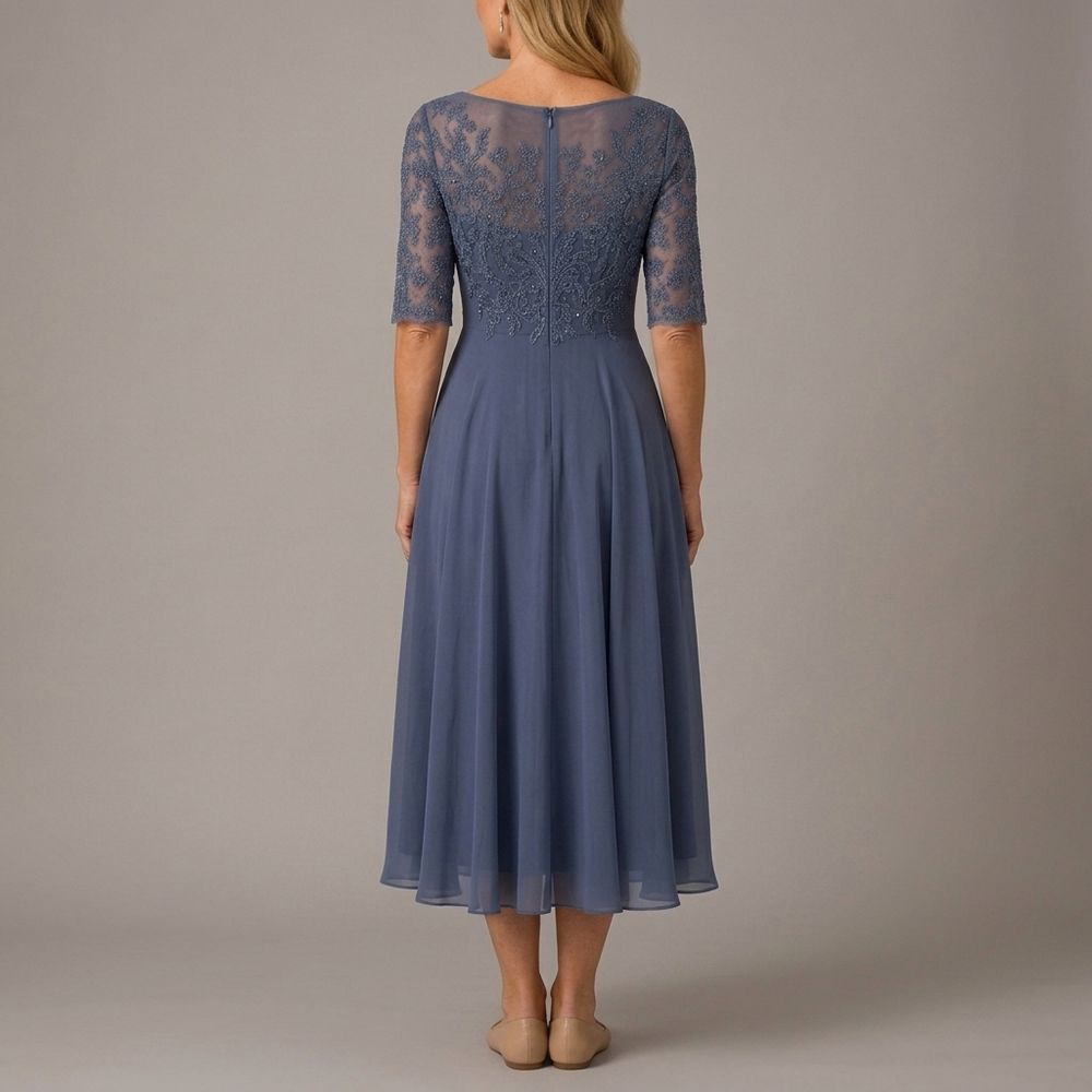 Women's Mother of the Bride Dress | Midi Lace Applique Ruffle Chiffon Blue front view