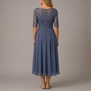 Women's Mother of the Bride Dress | Midi Lace Applique Ruffle Chiffon Blue back view