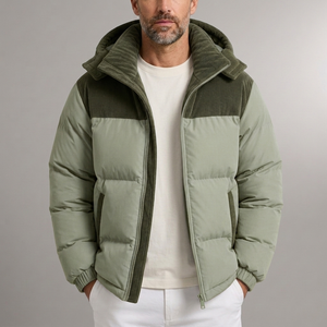 Men's Puffer Jacket | Hooded Corduroy Paneled Green front view