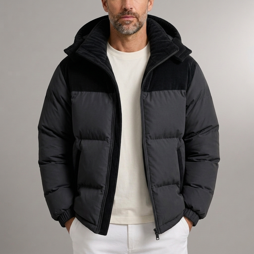 Men's Puffer Jacket | Hooded Corduroy Paneled Blue front view