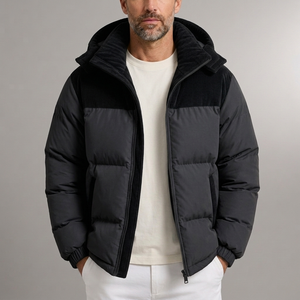 Men's Puffer Jacket | Hooded Corduroy Paneled Black front view