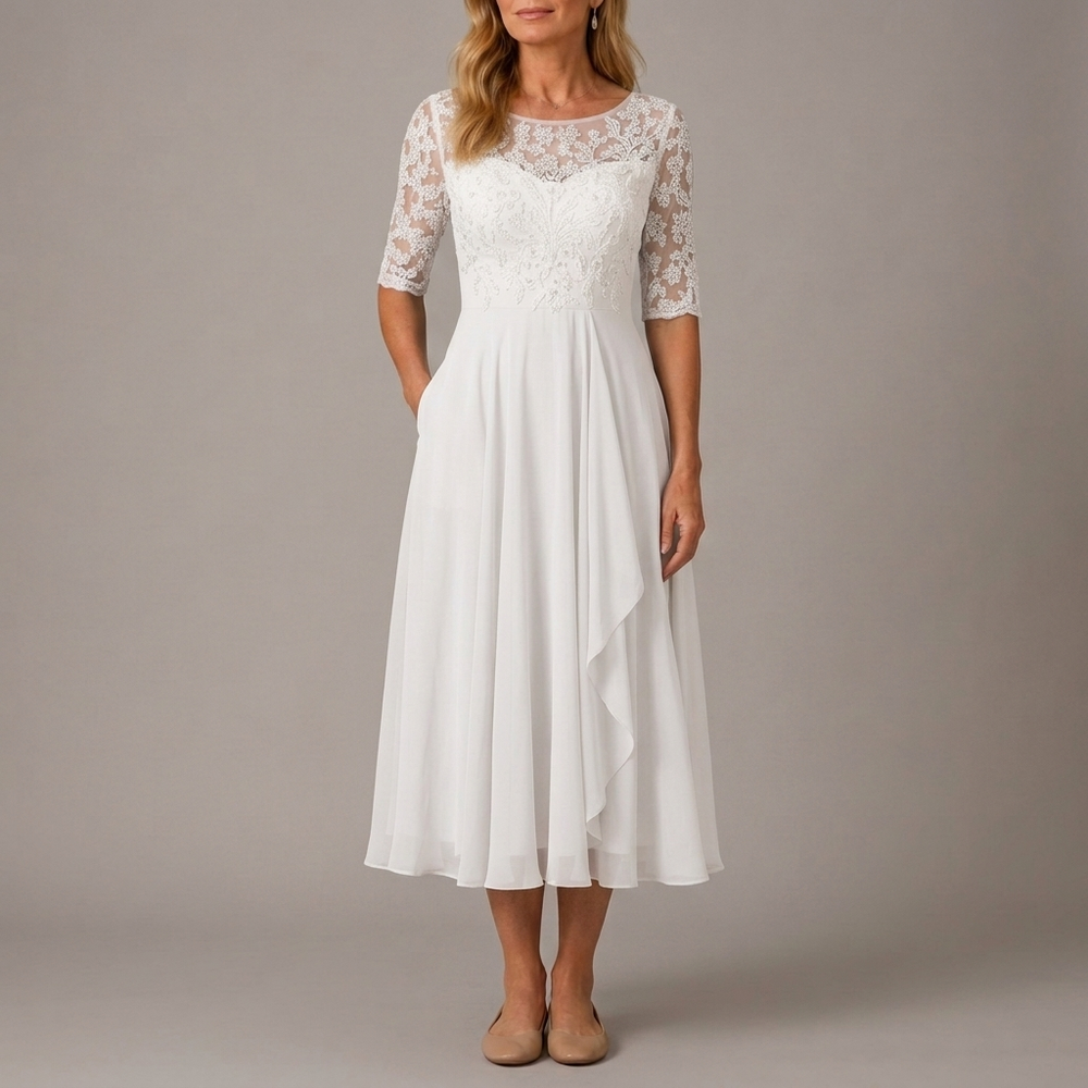 Women's Mother of the Bride Dress | Midi Lace Applique Ruffle Chiffon Blue front view