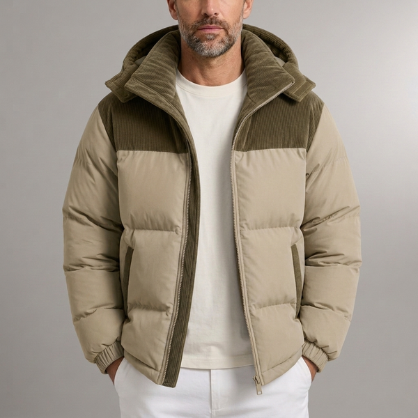 Men's Puffer Jacket | Hooded Corduroy Paneled Khaki front view