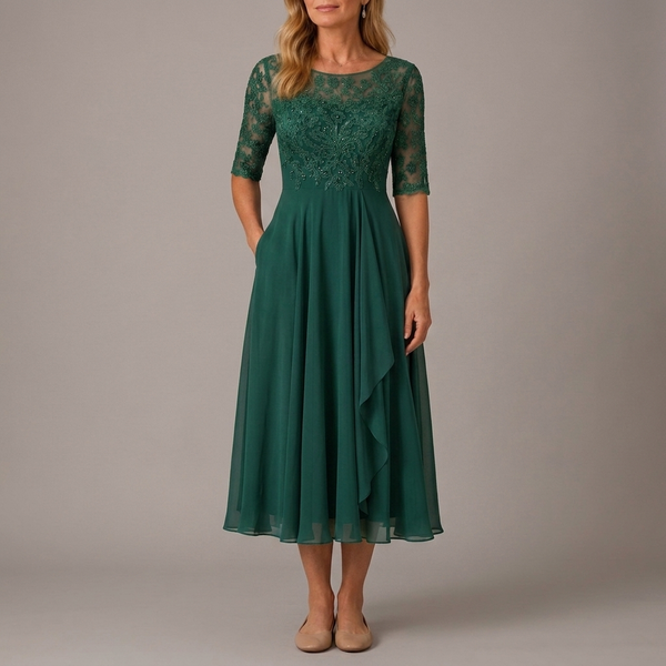 Women's Mother of the Bride Dress | Midi Lace Applique Ruffle Chiffon Green front view
