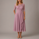 Women's Mother of the Bride Dress | Midi Lace Applique Ruffle Chiffon Pink front view