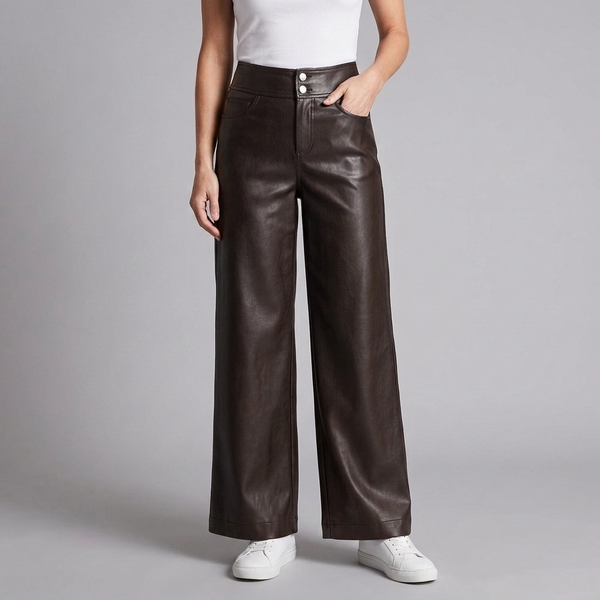 Women's Leather Wide Leg Pants | High Rise Button Fly Coffee front view