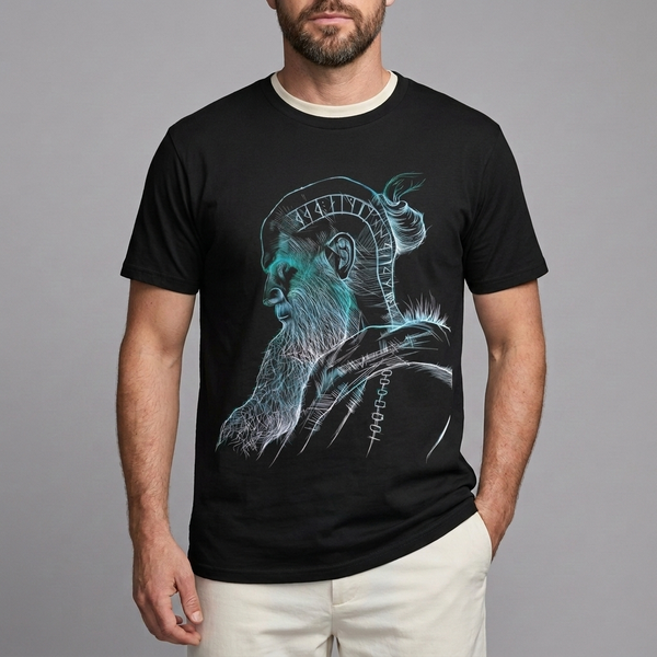 Men's Graphic T-Shirt | Oversized Norse Print Black Silver front view