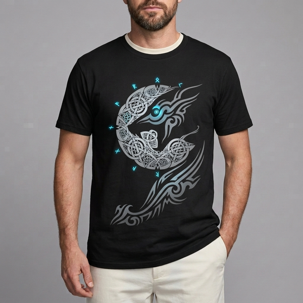Men's Graphic T-Shirt | Oversized Norse Print Black Wolf front view