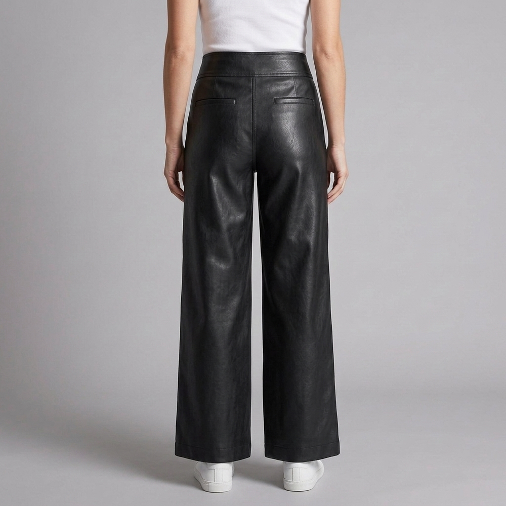 Women's Leather Wide Leg Pants | High Rise Button Fly Black front view