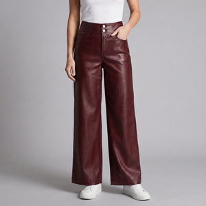Women's Leather Wide Leg Pants | High Rise Button Fly Red front view