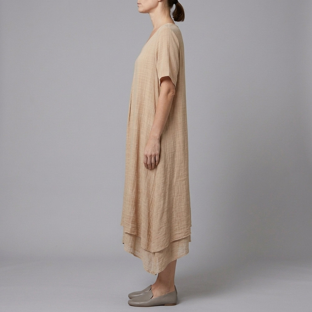 Women's Linen Dress | Midi V-Neck Short Sleeve Beige front view