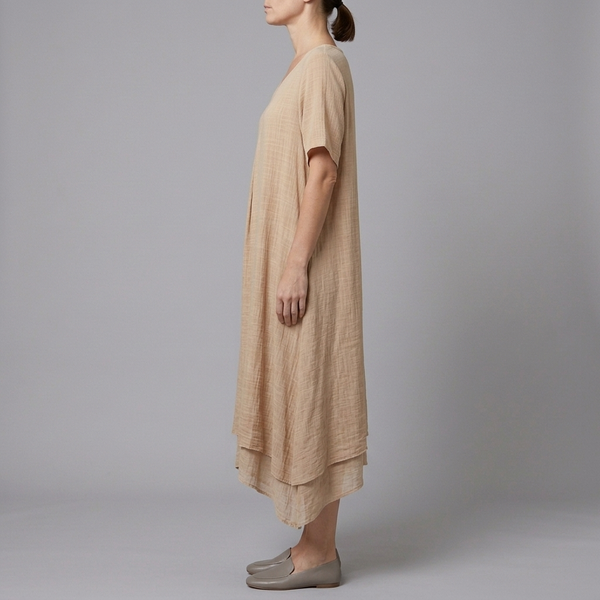 Women's Linen Dress | Midi V-Neck Short Sleeve Beige side view