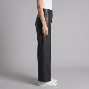 Women's Leather Wide Leg Pants | High Rise Button Fly Black side view