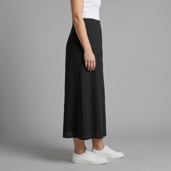 Women's Maxi Skirt | A-Line Elastic Waist Button Front Black side view