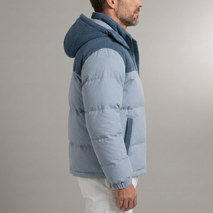 Men's Puffer Jacket | Hooded Corduroy Paneled Blue side view