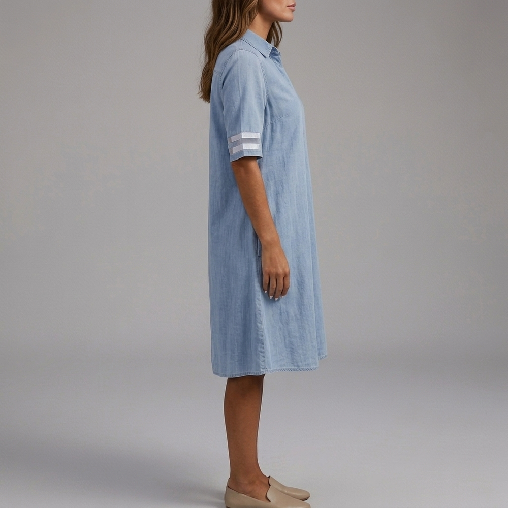 Women's Shirt Dress | Midi Denim Button Front Mesh Sleeve Blue front view