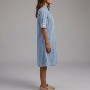 Women's Shirt Dress | Midi Denim Button Front Mesh Sleeve Blue side view