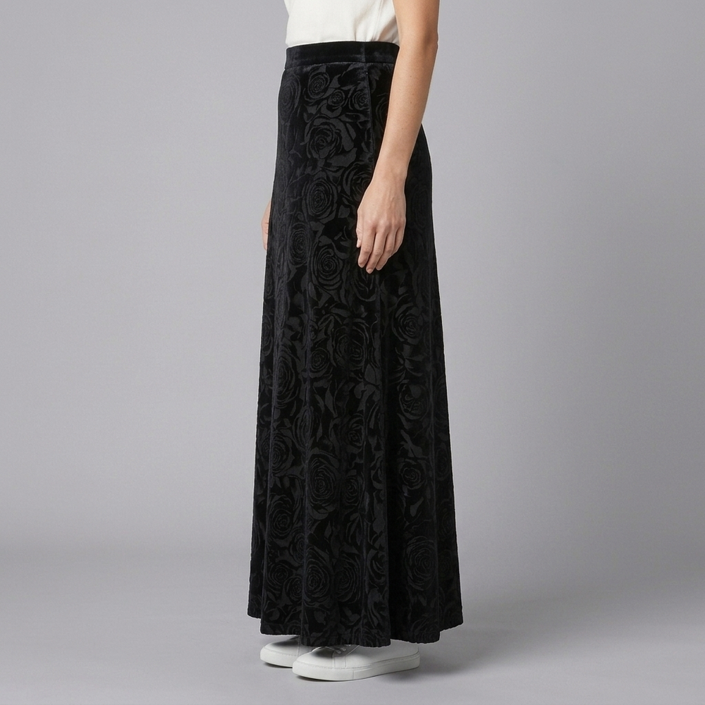 Women's Skirt | Maxi Black Velvet Rose Print A-Line Black front view