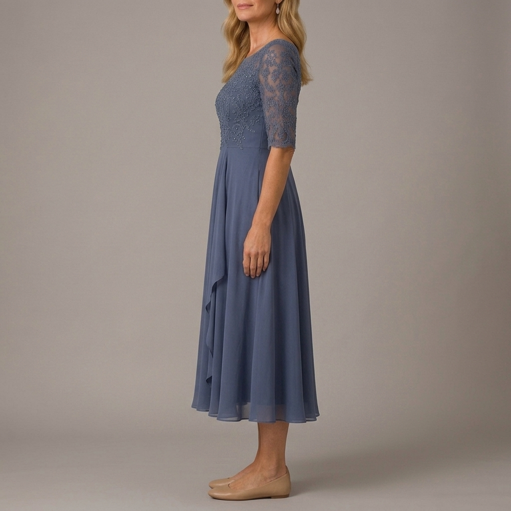 Women's Mother of the Bride Dress | Midi Lace Applique Ruffle Chiffon Blue front view