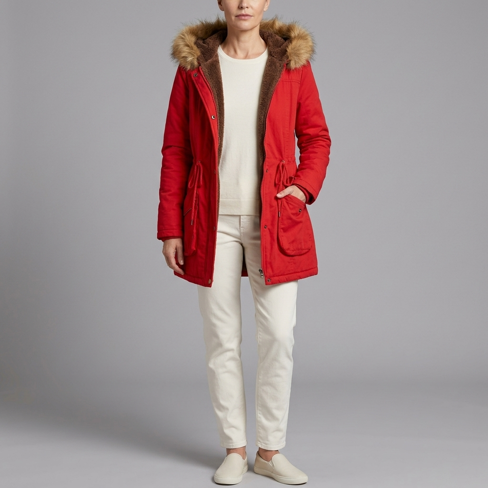 Women's Parka Coat | Fur Hooded Lined Winter Parka Red front view