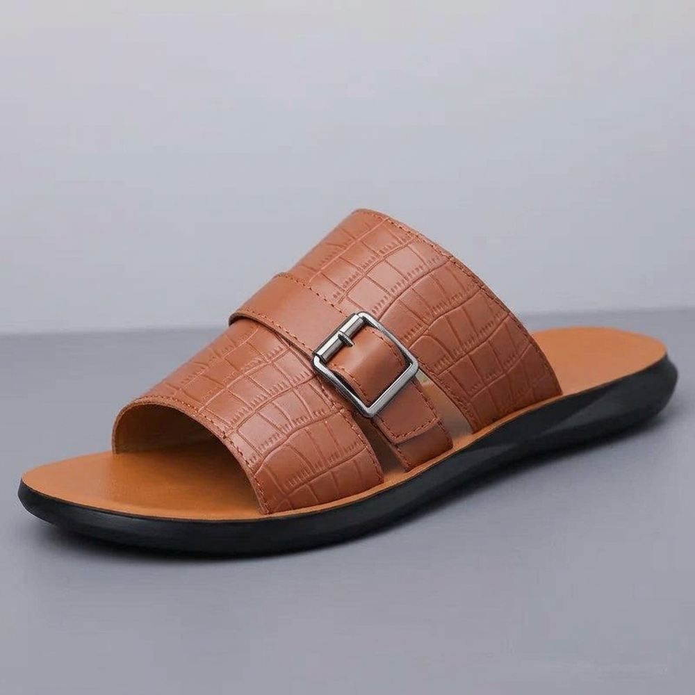 Sandals For Men | Crocodile Embossed Buckle Slide Brown three-quarter front view