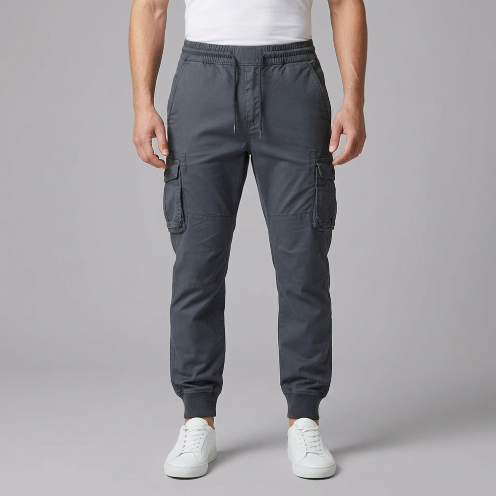 Men's Cargo Pants | Elasticated Waist Drawstring Pockets Blue Grey front view