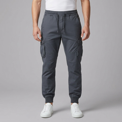 Men's Cargo Pants | Elasticated Waist Drawstring Pockets Blue Grey front view