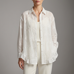 Women's White Shirt | Embroidered Button Front Long Sleeve White front view