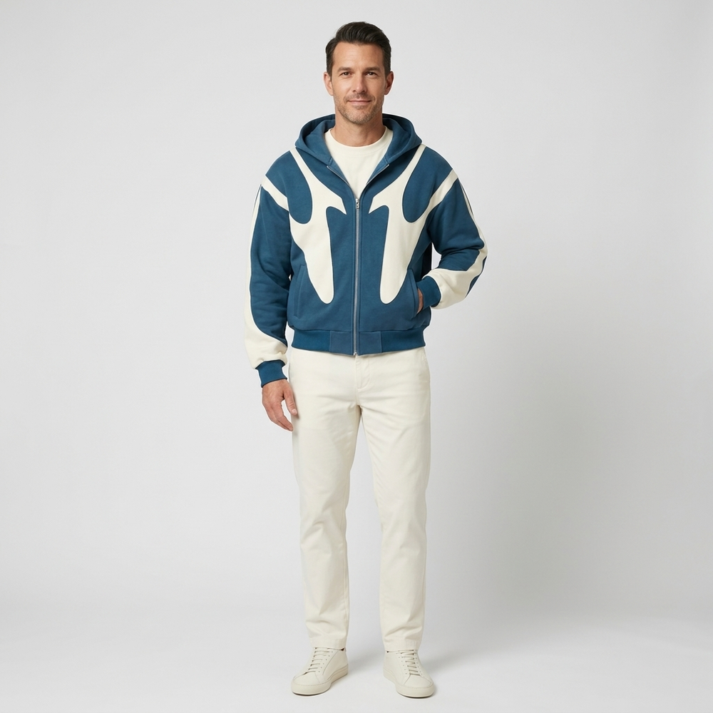 Men's Hoodie | Full-Zip Contrast Panel Oversized Blue front view